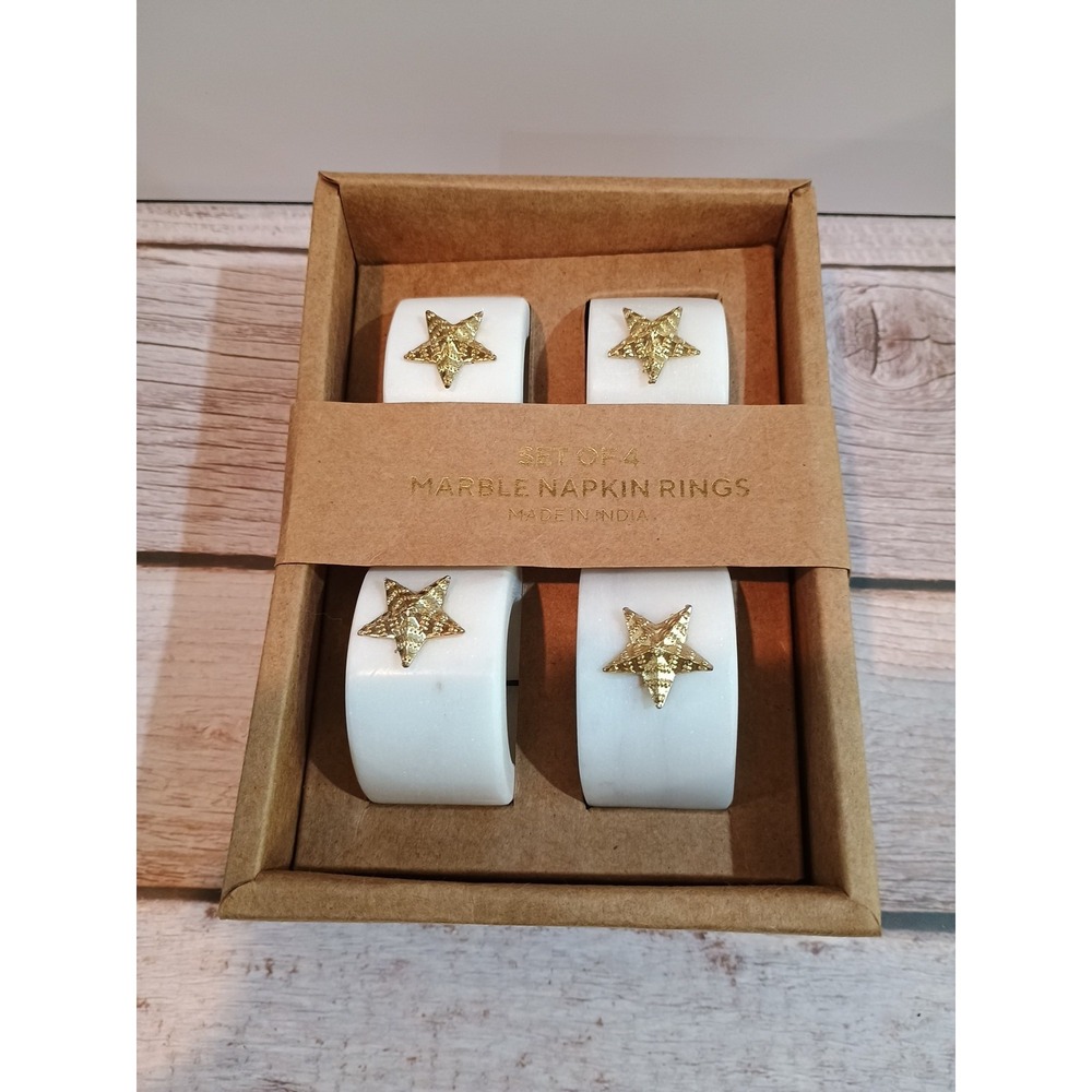 New Premium Set Of 4 Marble Napkin Rings Gold‎ Star Embellishments Made In India